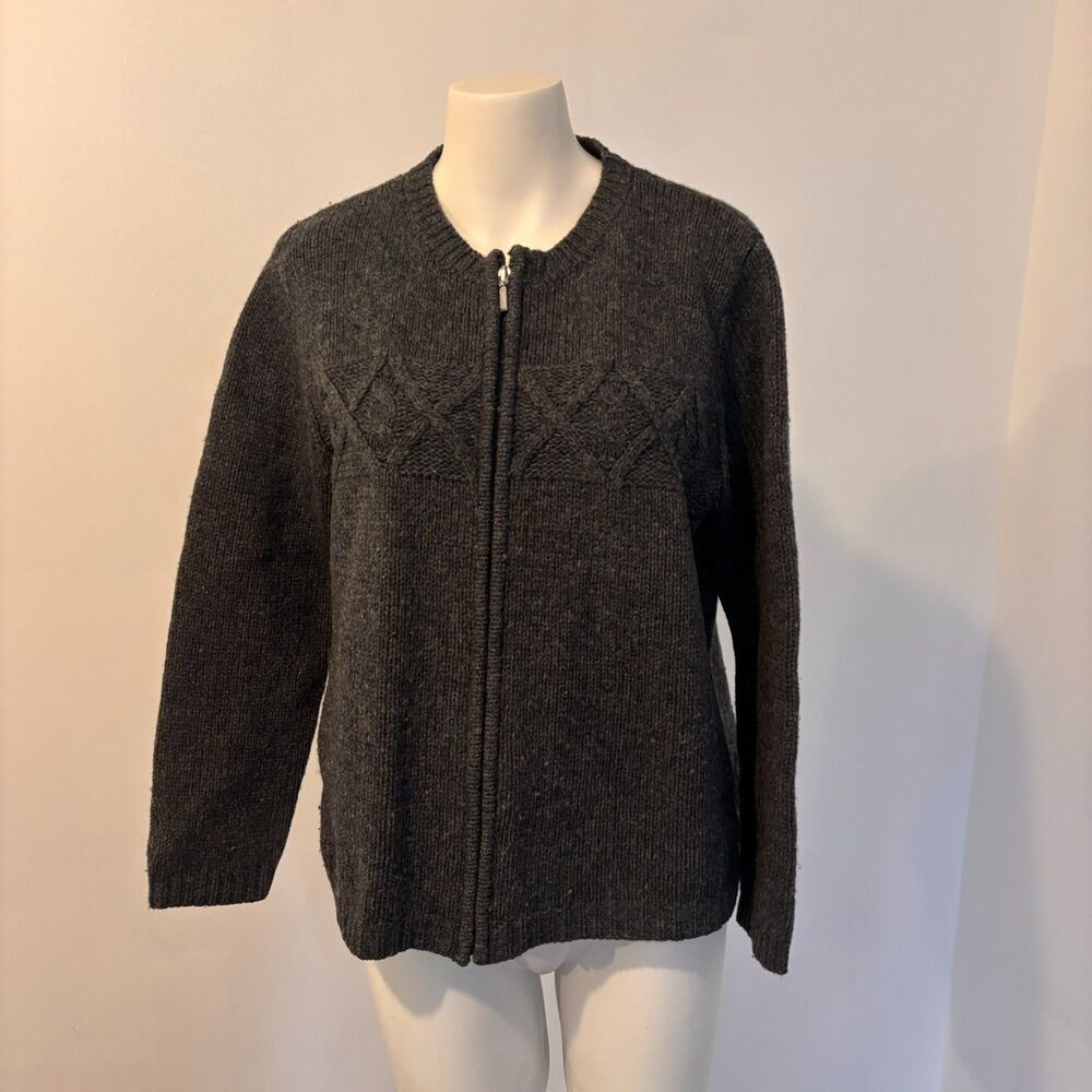 Jillian Jones size Petite Large Charcoal Grey 100% Lambswool Cable Knit Cardigan
